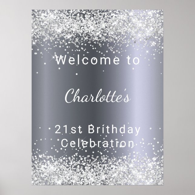 Födelsedag silver glitter namn poster (Framsidan)