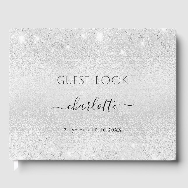Födelsedag silver glitter stoft metall monogram na gästböcker (Framsida)