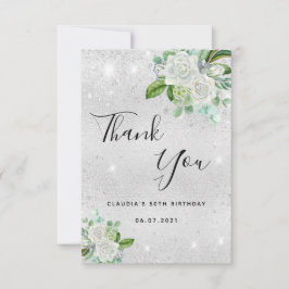 Födelsedag silver glitter vita blommigtar tack kort