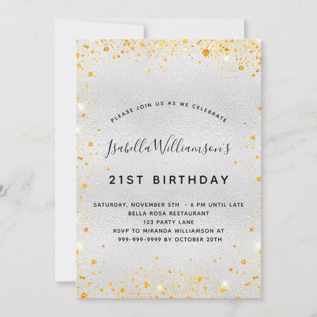 Födelsedag silver guld glitter gnistra inbjudningar (Framsida)