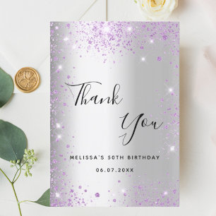 Födelsedag silver lila glitter elegant tack kort