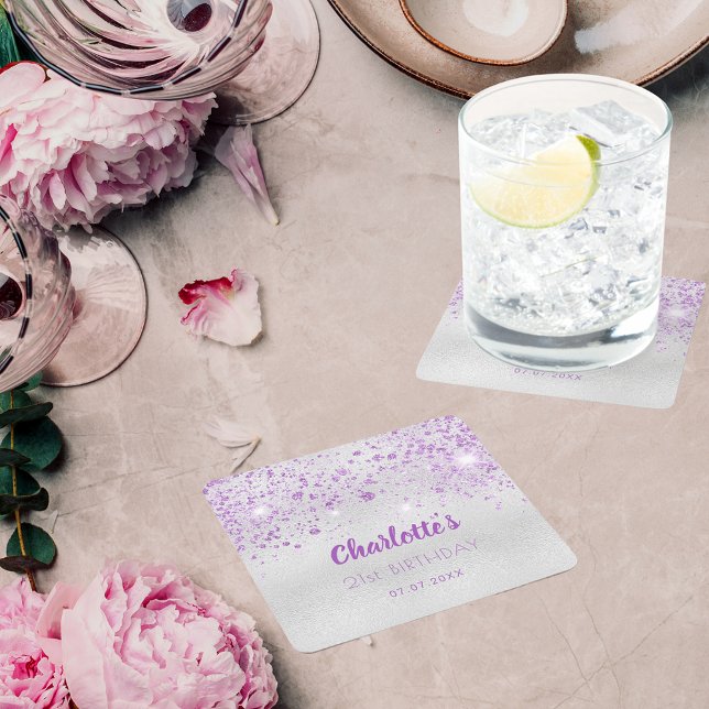 Födelsedag silver lila glitter monogram underlägg papper kvadrat (Skapare uppladdad)