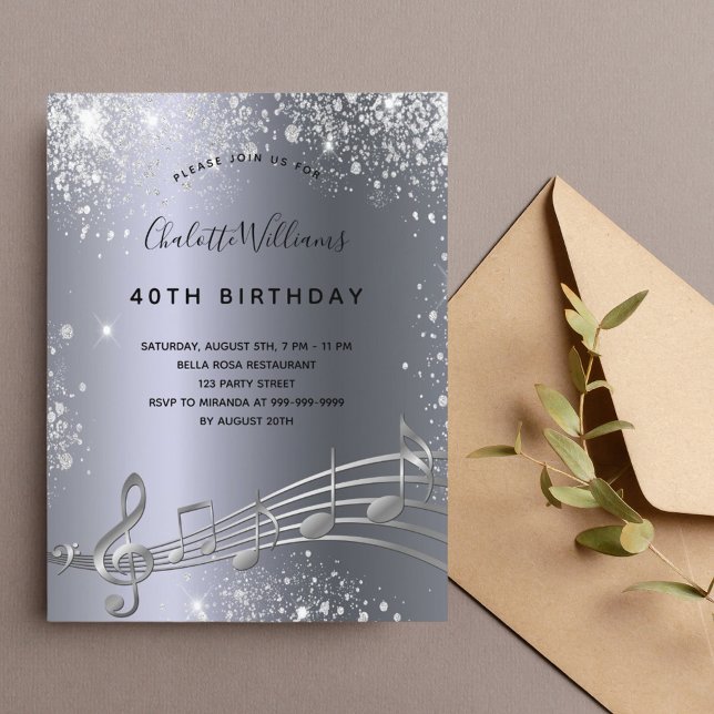 Födelsedag silver musik noter metall glitter, 40:e inbjudan vykort (Skapare uppladdad)