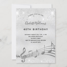Födelsedag silver musik noter metall glitter, 40:e inbjudningar