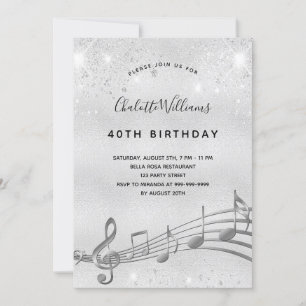 Födelsedag silver musik noter metall glitter, 40:e inbjudningar