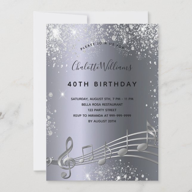 Födelsedag silver musik noter metall glitter, 40:e inbjudningar (Framsida)