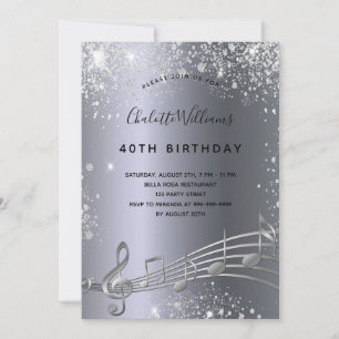 Födelsedag silver musik noter metall glitter, 40:e inbjudningar