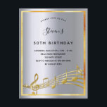 Födelsedag silver musik noter metall vykort<br><div class="desc">Ett trendig, modernt 50:e födelsedagsfest inbjudan-kort. En faux silver metallisk tittar bakgrund, med faux guld ram och musik noter, svart färgad brev. Anpassa och lägg till information om namn och party. Baksida: Faux silver-bakgrund, vykortsdesign. Tips! Om du inte vill att det ska se ut som ett vykort klickar du på...</div>
