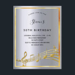 Födelsedag silver musik noter metall vykort<br><div class="desc">Ett trendig, modernt 50:e födelsedagsfest inbjudan-kort. En faux silver metallisk tittar bakgrund, med faux guld ram och musik noter, svart färgad brev. Anpassa och lägg till information om namn och party. Baksida: Faux silver-bakgrund, vykortsdesign. Tips! Om du inte vill att det ska se ut som ett vykort klickar du på...</div>