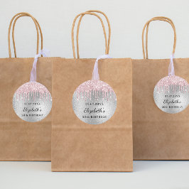 Födelsedag silver rosa glitter droppar namn runt klistermärke