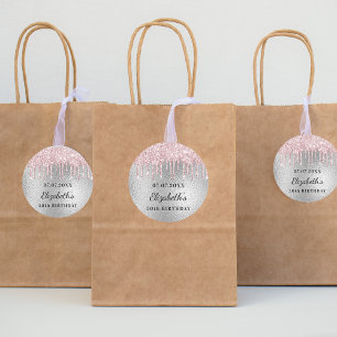 Födelsedag silver rosa glitter droppar namn runt klistermärke