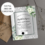 Födelsedag silver vita blommigtar attitydpalett inbjudningar<br><div class="desc">Faux silver tittar bakgrund med vita blommigtar, blommor, eukalyptus greenery och faux silver glitter, gnistor. Anpassa och lägg till ditt namn och information om party. Black brev. Klicka på Redigera design om du vill redigera färger, lägga till/ta bort fler färg-block eller göra paletten mindre om du har mycket text. Redigera...</div>