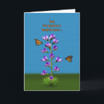 Födelsedag, son, Söta ärter och fjärilar Kort<br><div class="desc">En fantasi-bild som belyses av lila söta ärtor med liten ansikte när man tittar på två hovande monarch butterflies gör ett färgstarkt och vismiskt födelsedagskort.  Anpassa genom att ändra den inre versen till vad du vill.</div>