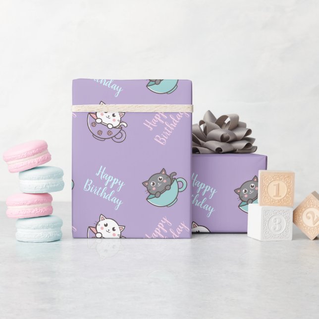 Födelsedag söt katt i kopp lila presentpapper (Baby Shower)