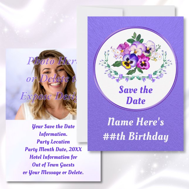 Födelsedag, Spara datum-kort med FOTO Inbjudningar (Pansy Birthday. Personalized, Save the Dates. Floral Save the Date Cards. Purple Save the Date Cards)
