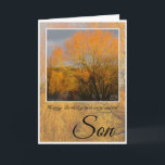 Födelsedag, Speciellare son, Sunkissed Winter Träd Kort<br><div class="desc">Grattis på födelsedagen Speciellare Son med träd i vinter runt sjö och reflekterar mot orangens solljus. Texten lyder: (Utanför)Grattis på födelsedagen till en mycket speciellare son (Inside) Du förtjänar all lycka idag.</div>
