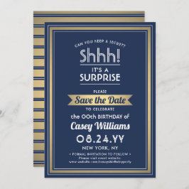 Födelsedag Surprise Party Navy Blue, White and Gul Spara Datumet