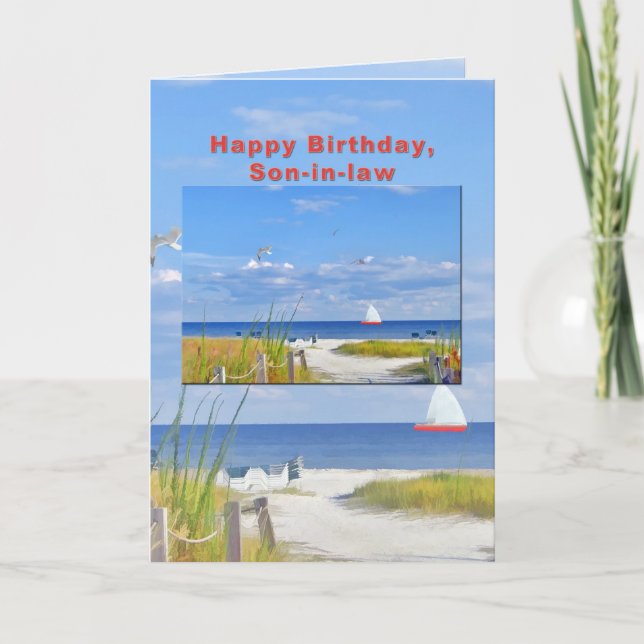Födelsedag, svärson, Beach och oceanvykort Kort (Framsida)