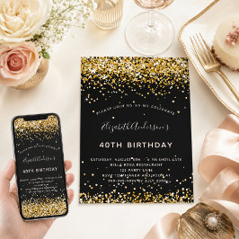 Födelsedag svart guld glitter glamorös inbjudningar