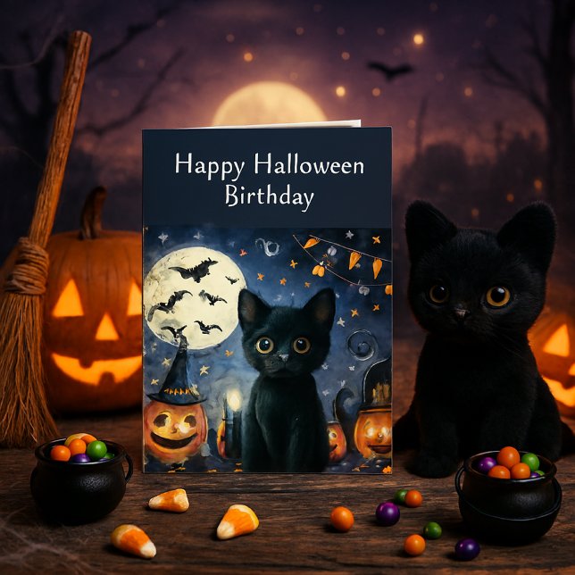 Födelsedag Svart Katt Halloween  Kort (Skapare uppladdad)