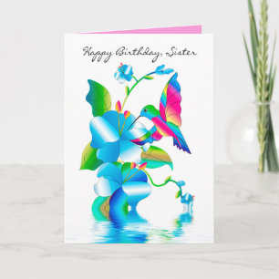 Födelsedag Syrran, hummingbird & Flowers Card Kort