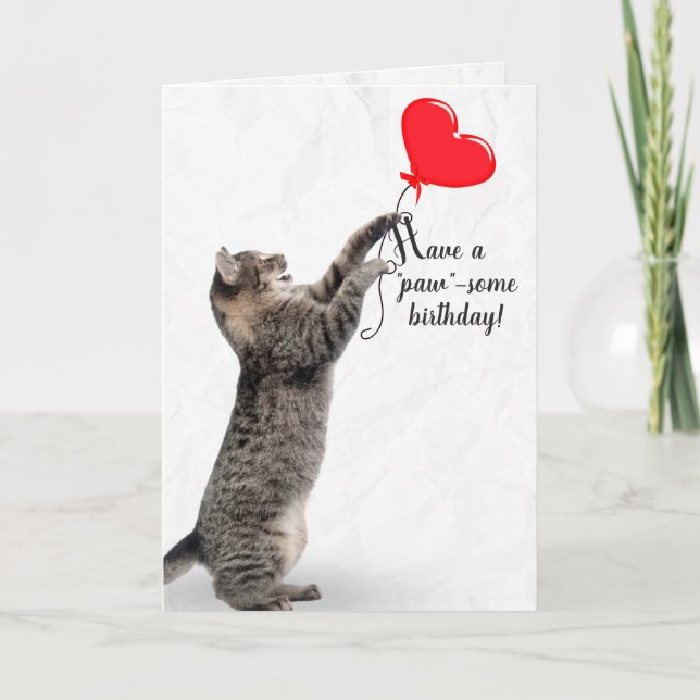 Födelsedag Tabby katt med hjärtballong Kort (Framsida)