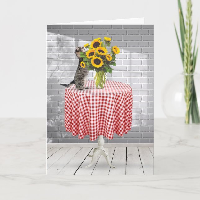 Födelsedag Tabby katt med solros Bouquet Kort (Framsida)