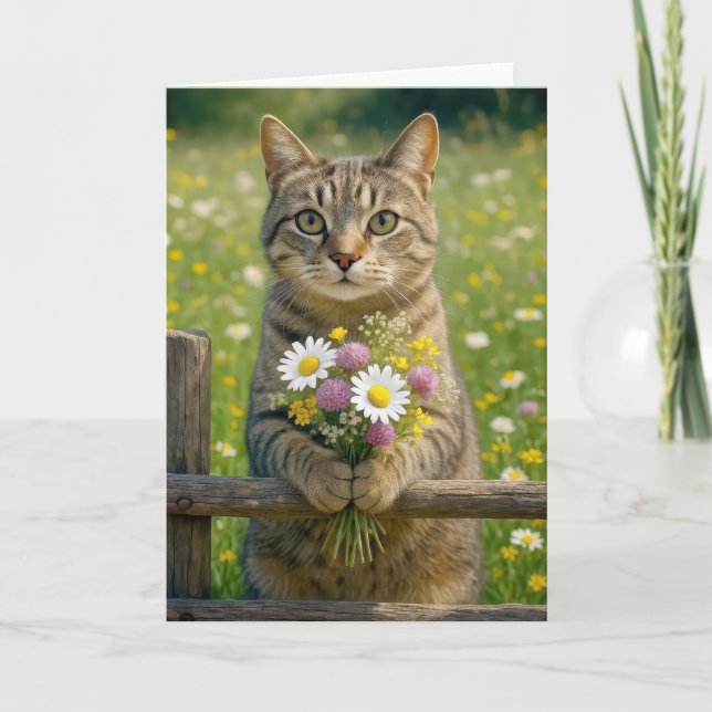 Födelsedag Tabby katt med WildblomBouquet Kort (Framsida)