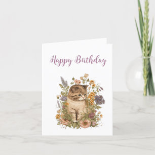 Födelsedag. Tabby Kitten med Flowers. Tack Kort