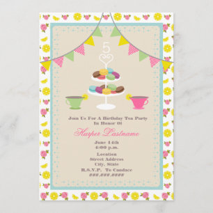 Födelsedag Tea Party + Macarons inbjudan