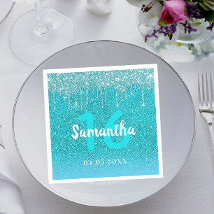 Födelsedag teal glitter blå grönt aqua monogram pappersservett