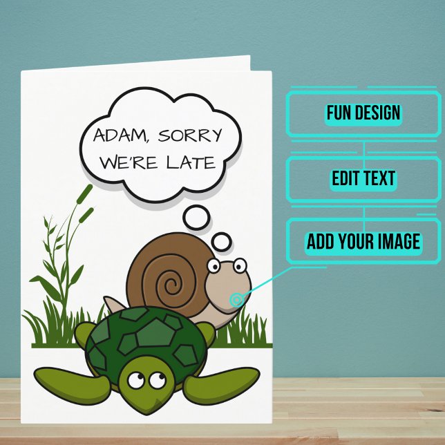Födelsedag: Tecknad Snigel och sköldpadda Kort (This adorable belated sentimental card features a cartoon turtle and snail.)