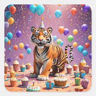 Födelsedag Tiger Fyrkantigt Klistermärke