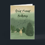 Födelsedag till Male Buddy Friend Landcape med Trä Kort<br><div class="desc">Skicka det här utomhusstiliga kortet till en manlig vän och kompis. Visa uppskattning för din vänskap från en till en kille på ett manligt och uppriktigt sätt. Gröntens landskap är bakgrunden till en hjort med fåglar i himlar. Delar av bilden baserat på design minskar Mystical Winter.</div>