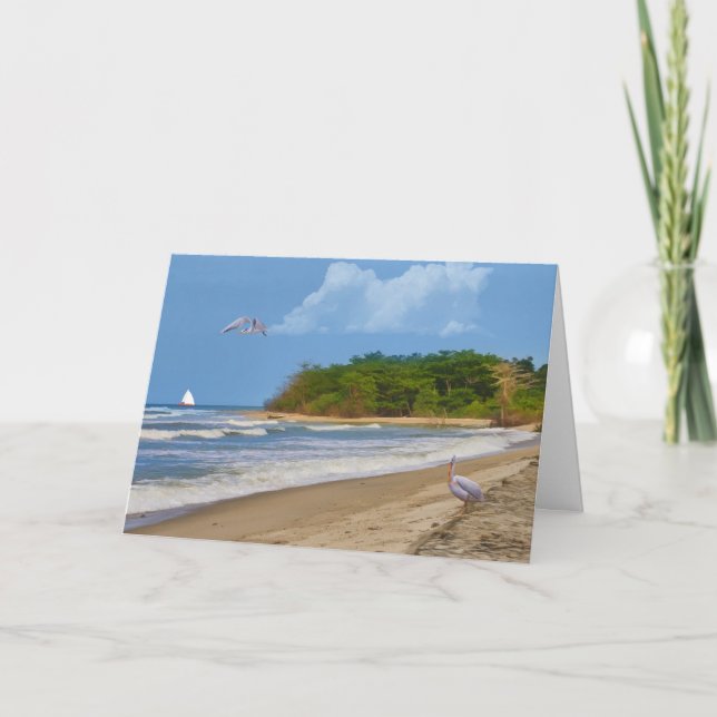 Födelsedag tropisk strand, fåglar kort (Framsida)