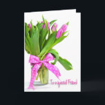 Födelsedag - Tulips för Friend Kort<br><div class="desc">Ljusa rosa-tulpaner i vas med polka-punktbåge för Friend.</div>