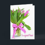 Födelsedag - Tulips för Friend Kort<br><div class="desc">Ljusa rosa-tulpaner i vas med polka-punktbåge för Friend.</div>