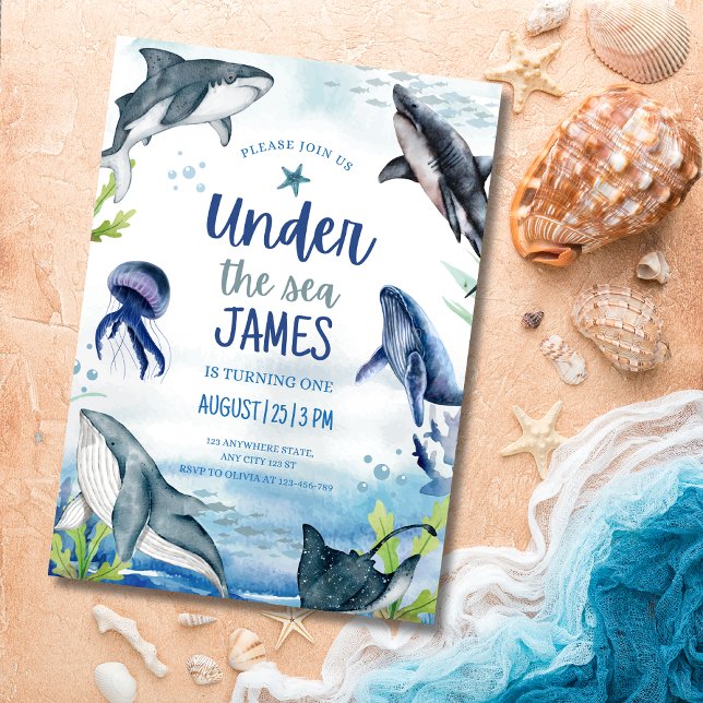 Födelsedag Under Havet Ocean Djur Valhaj Shark Inbjudningar (Skapare uppladdad)