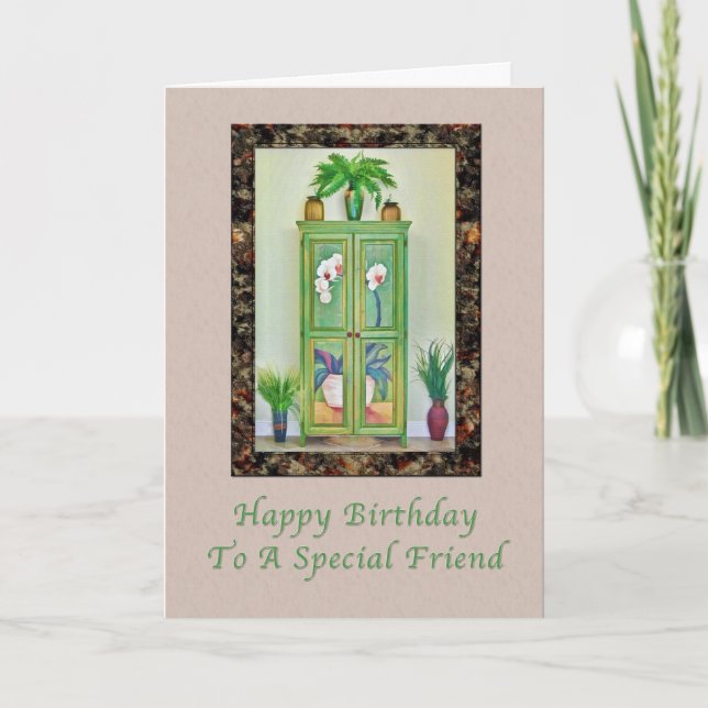 Födelsedag, vän, stilla livet med antikkansabinett kort (Framsida)