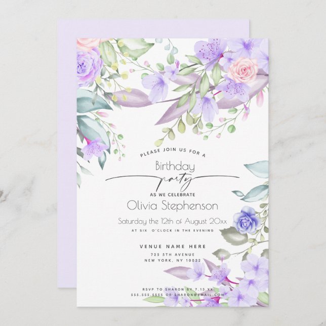 Födelsedag | Vår Blek Lavender Blommigt Inbjudningar (Fram/baksida)