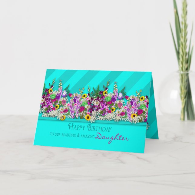 Födelsedag VÅR dotter, trädgårdblommor, Aquarand Kort (Framsida)