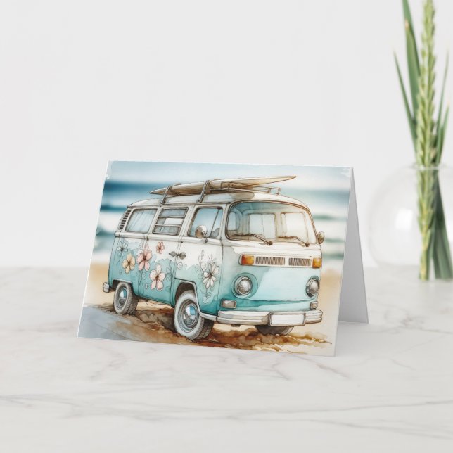 Födelsedag: vattenfärg Retro Campervan med ytskiva Kort (Framsida)