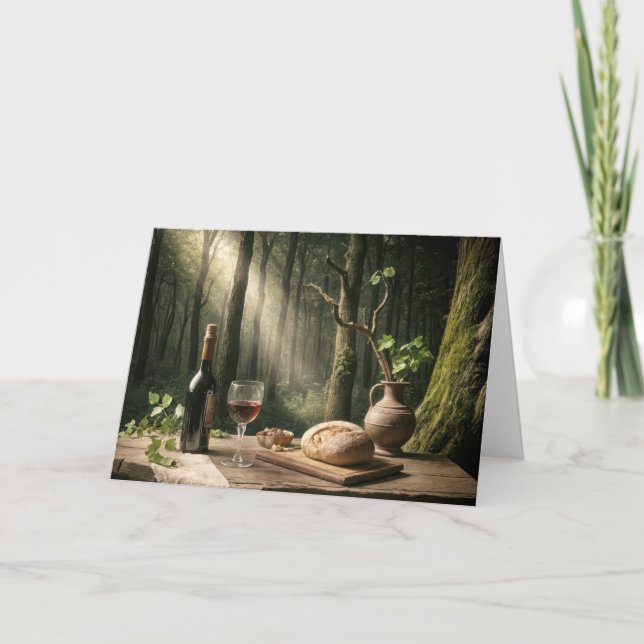 Födelsedag Vin och Bread Loaf på skogen Bord Kort (Framsida)