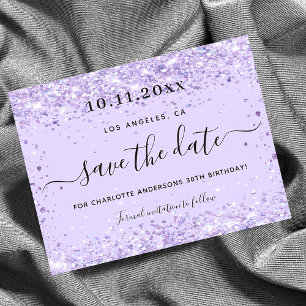 Födelsedag violett lila glitter spara datumet meddelande vykort