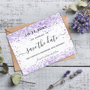 Födelsedag violett lila glitter spara datumet meddelande vykort