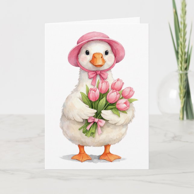 Födelsedag Vit Gås med Rosa Tulpanbukett Kort (Framsida)