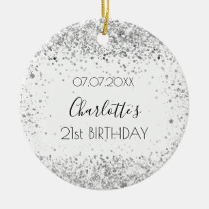 Födelsedag vit silver glitter namn julgransprydnad keramik