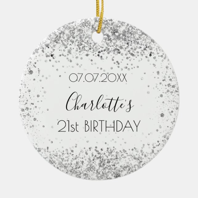 Födelsedag vit silver glitter namn julgransprydnad keramik (Framsidan)