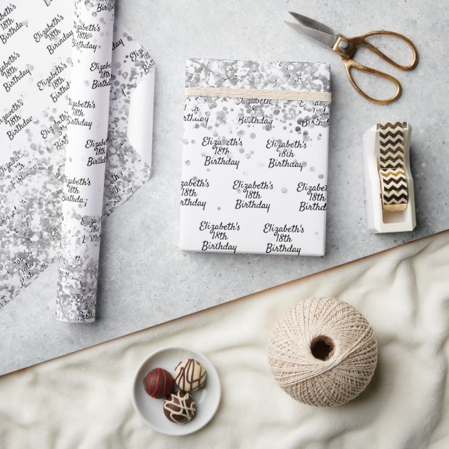 Födelsedag vit silver konetti gnistra namn presentpapper (Hantverk)