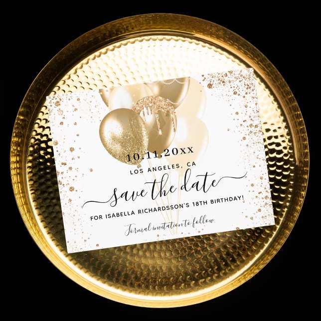 Födelsedag vita guld-ballonger spara datumet meddelande vykort (Skapare uppladdad)